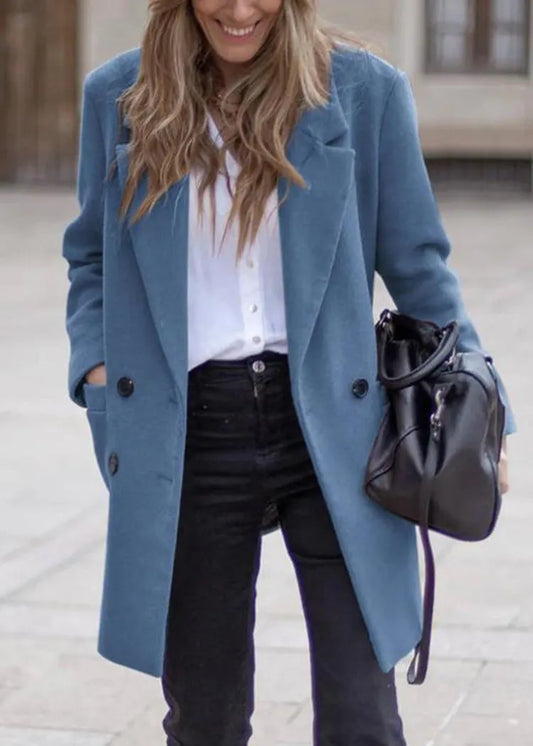 French Blue Peter Pan Collar Pockets Woolen Coats Fall