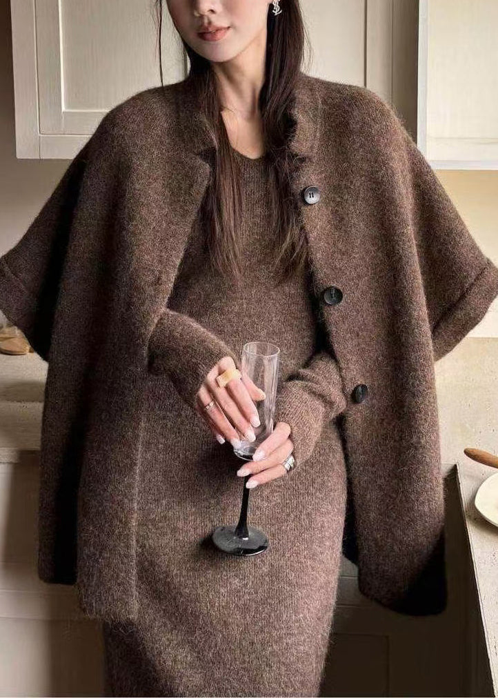 Original Coffee Fur Collar Knit Three Piece Set Batwing Sleeve