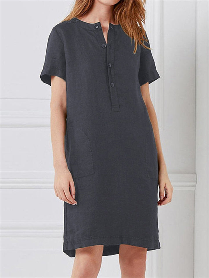 Color Cotton Linen Loose Short-sleeved Mid-length Female Dresses