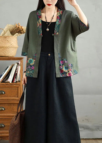 Black V Neck Print Button Cotton Cardigans Fall