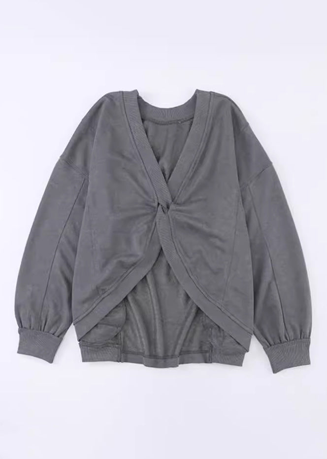 Loose Grey Slash Neck Cotton Sweatshirts Top Fall