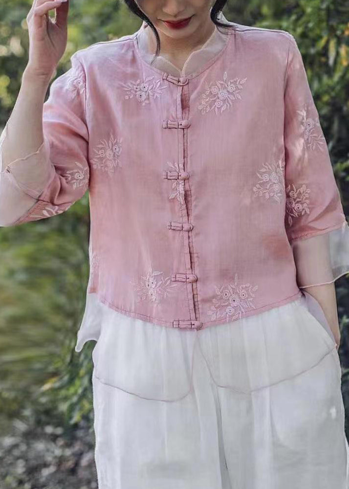 Pink Embroidered Button Linen Shirt Bracelet Sleeve