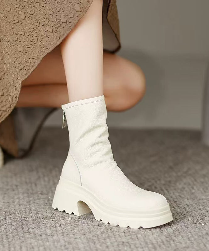 White Cowhide Leather Splicing Chunky Boots