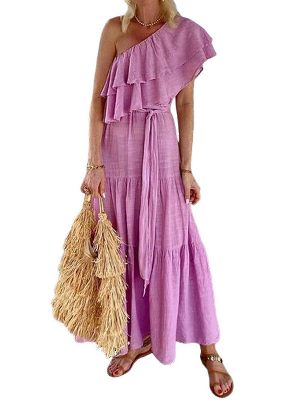 Pink Slash Neck Ruffled Lace Up Cotton Dress Summer