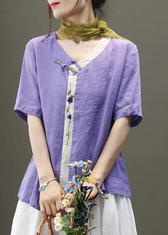 Purple Embroidered Asymmetrical Design Patchwork Summer Linen Blouse Top Short Sleeve
