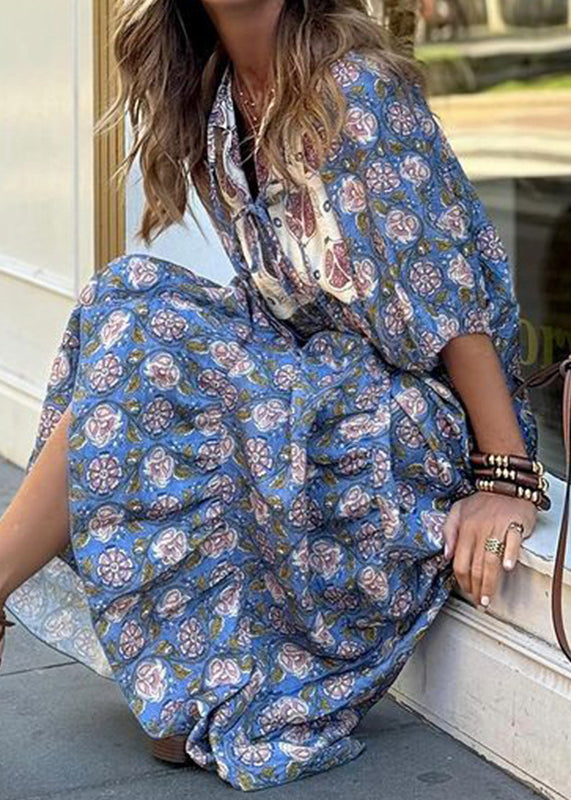 Blue Print Lace Up Cotton Vacation Dresses Summer