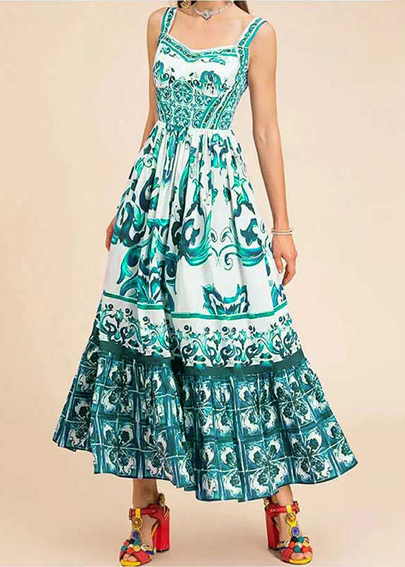 Rose Print High Waist Cotton Spaghetti Strap Dress Sleeveless