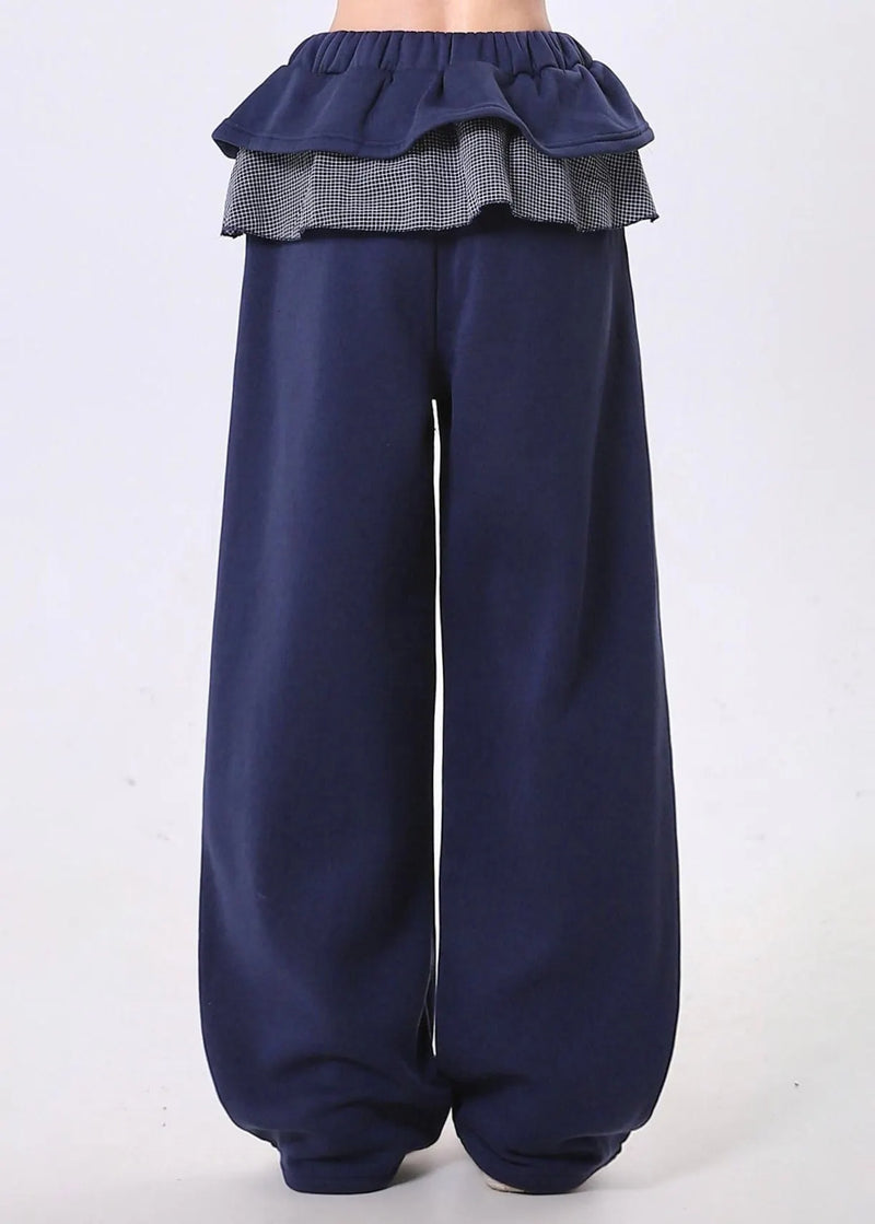 Navy Elastic Waist Patchwork Ruffles Cotton Pants Spring
