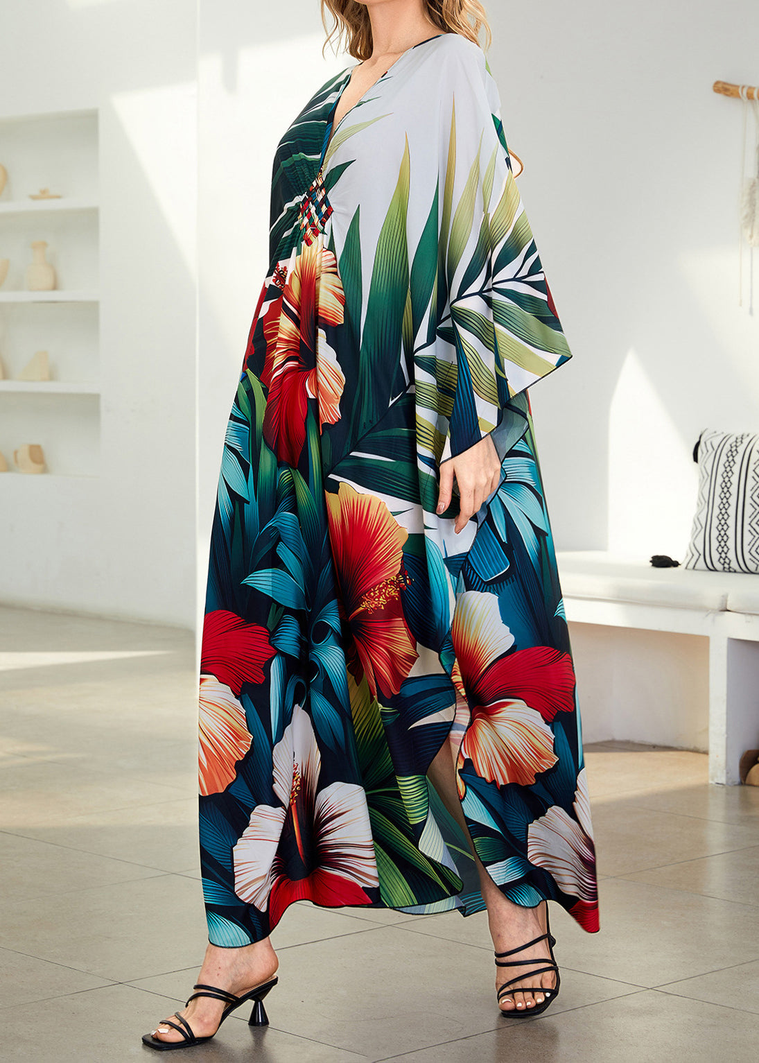 V Neck Print Side Open Cotton Dress Summer