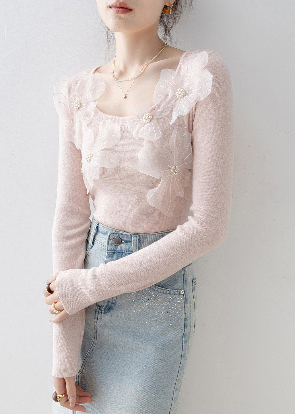 Slim Fit Pink O Neck Nail Bead Knit Top Spring