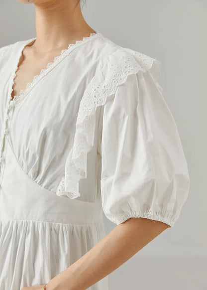 White V Neck Patchwork Cotton Party Dress Summer