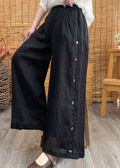 Stylish Black Elastic Waist Button Linen Wide Leg Pants Summer
