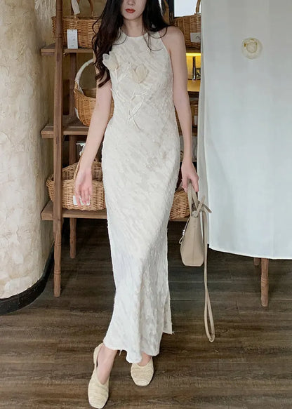 Beige O-neck Side Open Silk Long Dresses Sleeveless