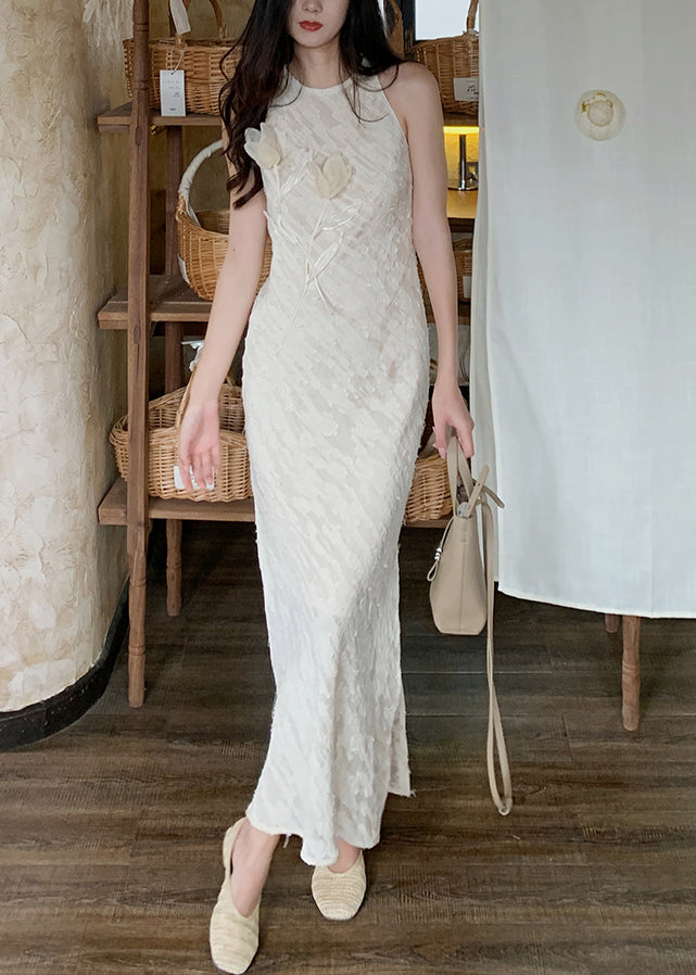 Beige O-neck Side Open Silk Long Dresses Sleeveless