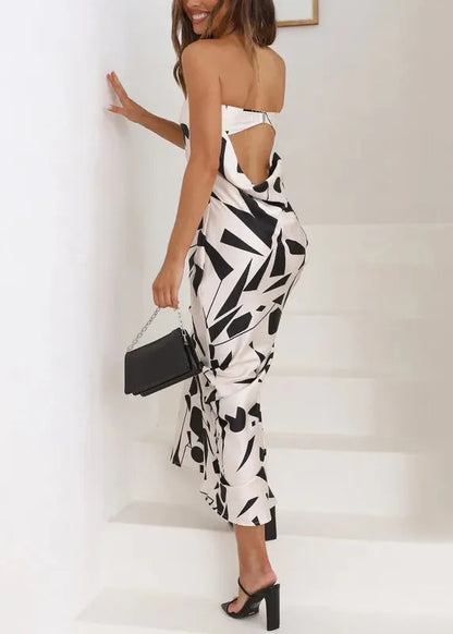Unique White Backless Hollow Out Print Cotton Long Dress Sleeveless