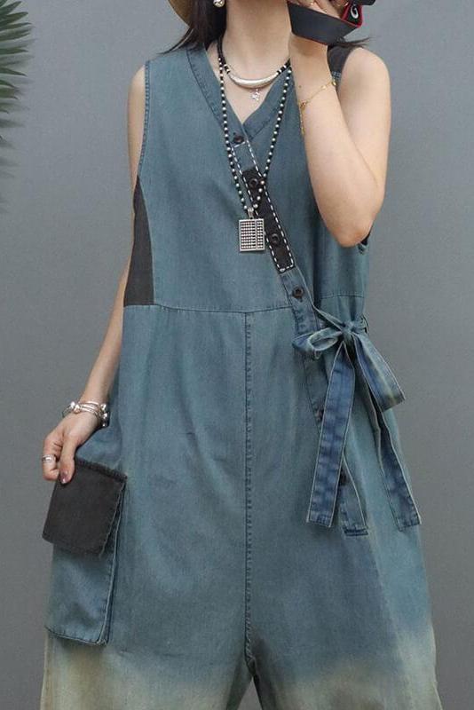 Denim Color Patchwork Patchwork Cinched Sleeveless Jumpsuits Dungarees