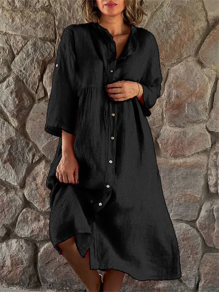 New Seven-quarter Sleeve Cotton and Linen Color Collar Buttons Long Dresses