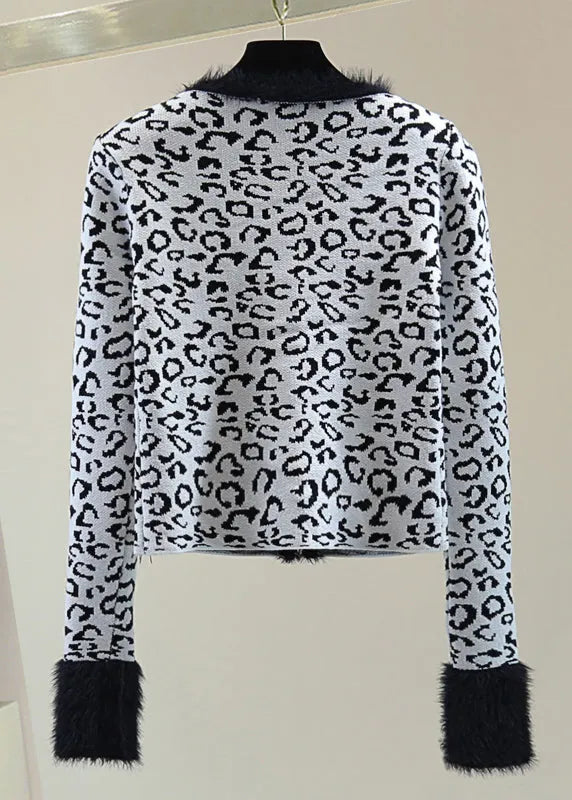 Style Leopard V Neck Fuzzy Fur Fluffy Cotton Knit Sweaters Winter