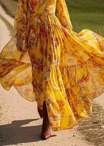 Yellow Patchwork Wrinkled Chiffon Maxi Dress Spring