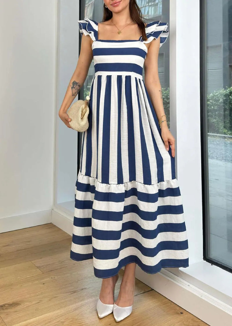 Blue Square Collar Striped Cotton Dress Butterfly Sleeve