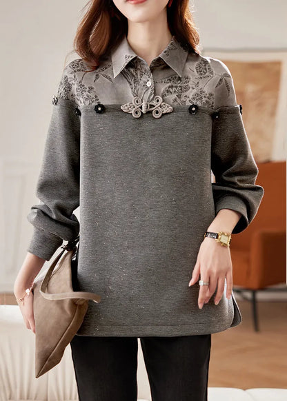 Grey Peter Pan Collar Patchwork Cotton Sweatshirts Fall
