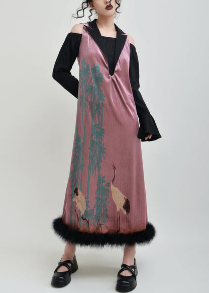 Pink Print False Two Pieces Patchwork Silk Velvet Dress Spring