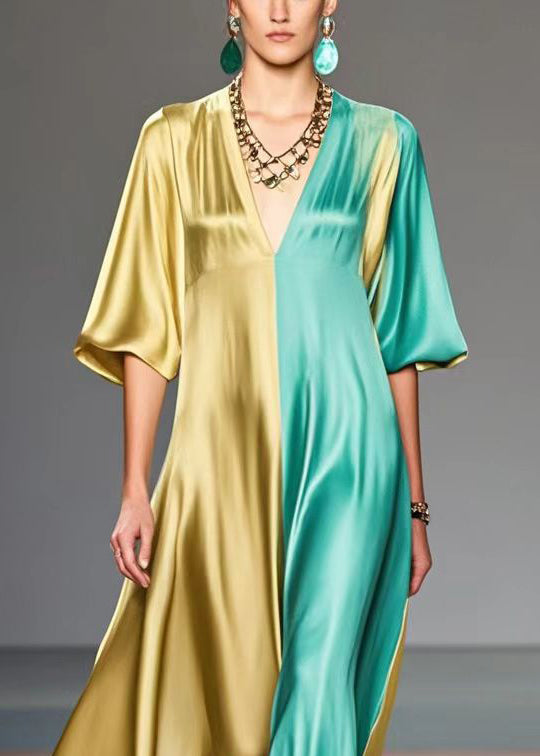 Colorblock V Neck Patchwork Silk Maxi Dresses Summer