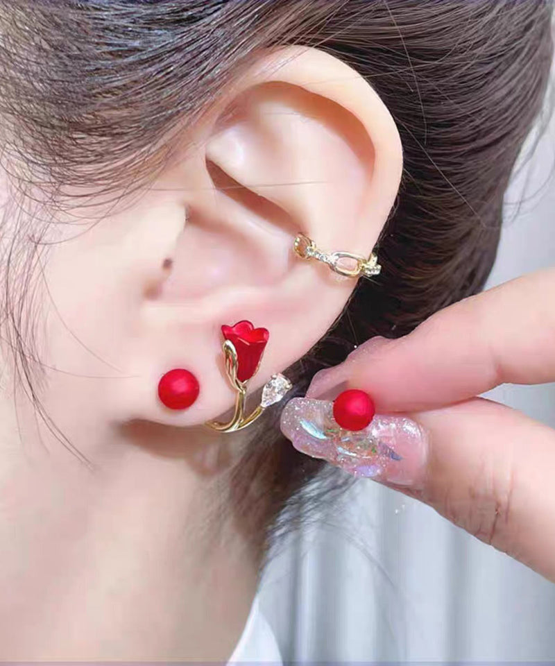 Vogue Red Alloy Zircon Dripping Glaze Pearl Stud Earrings