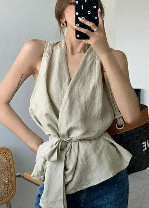 White Tie Waist Linen Vests Sleeveless