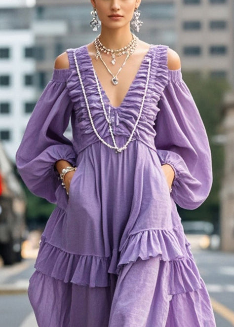 Purple Cold Shoulder Wrinkled Cotton Vacation Dresses Lantern Sleeve