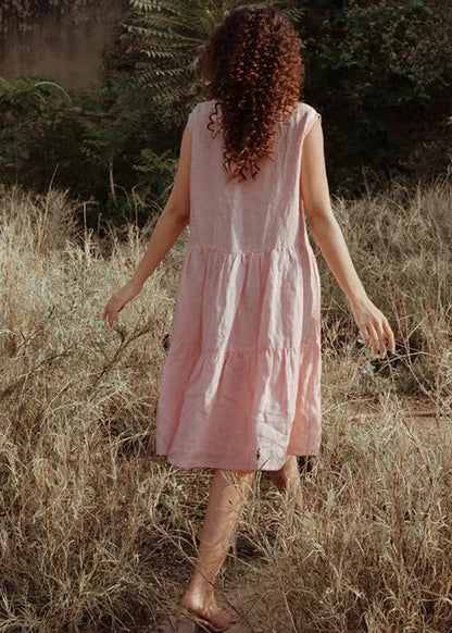 Pink O Neck Wrinkled Patchwork Linen Dress Sleeveless