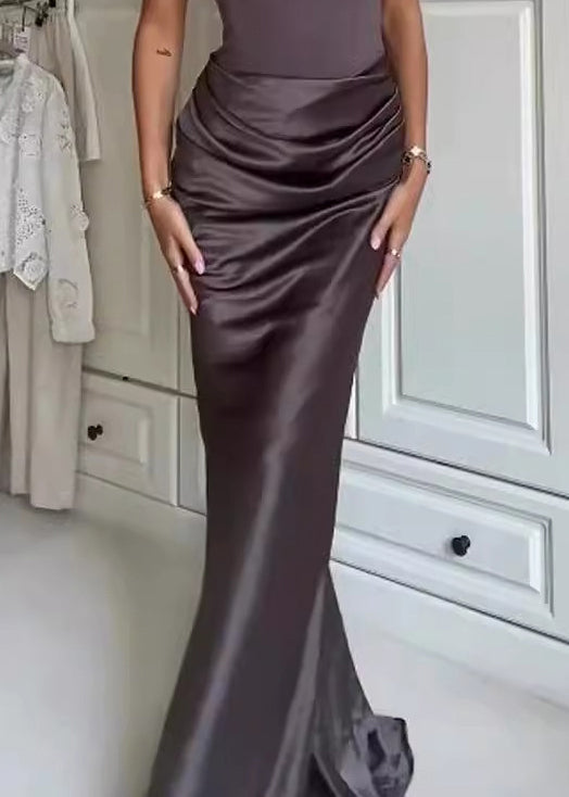 Stylish Brown Cold Shoulder Patchwork Silk Maxi Dress Sleeveless