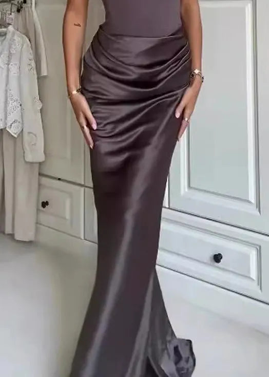 Stylish Brown Cold Shoulder Patchwork Silk Maxi Dress Sleeveless