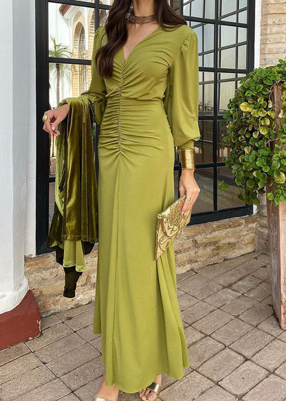 Green V Neck Wrinkled Chiffon Dress Long Sleeve