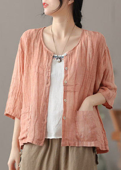 Pink Wrinkled Button Linen Shirts Bracelet Sleeve