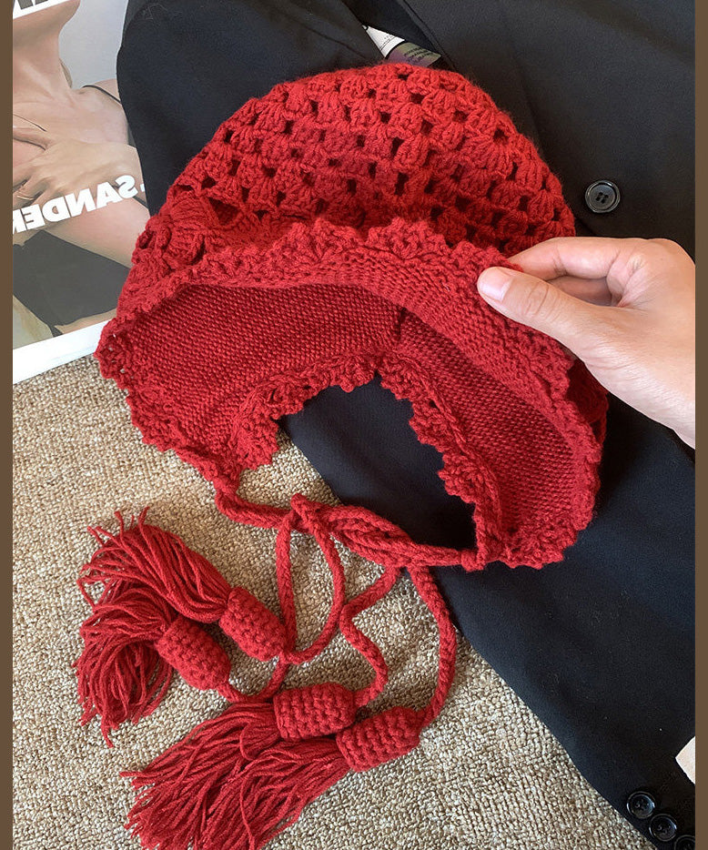Style Red Hollow Knitted Boonie Hat