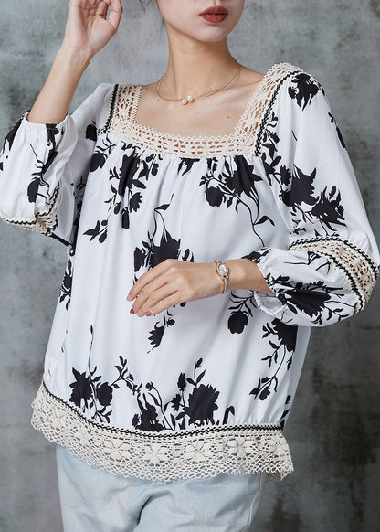 White Print Patchwork Lace Shirts Summer