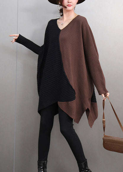 Brown V Neck Asymmetrical Thick Cotton Knitted Sweater Tops Winter
