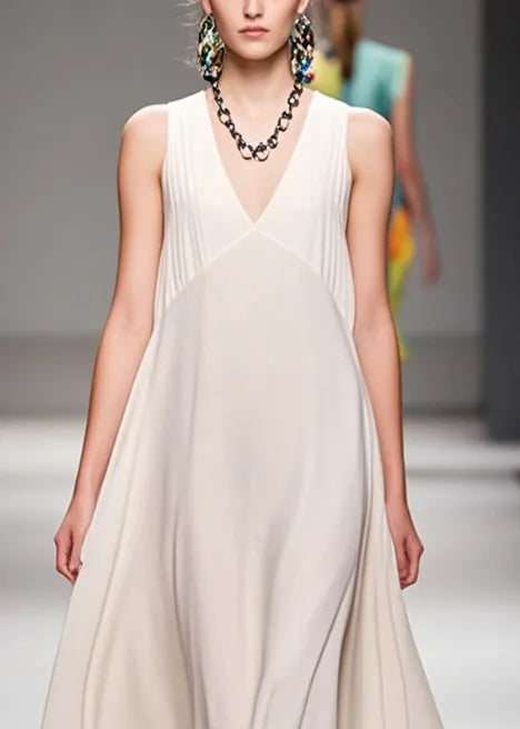 Fine White V Neck Patchwork Draping Chiffon Dresses Sleeveless