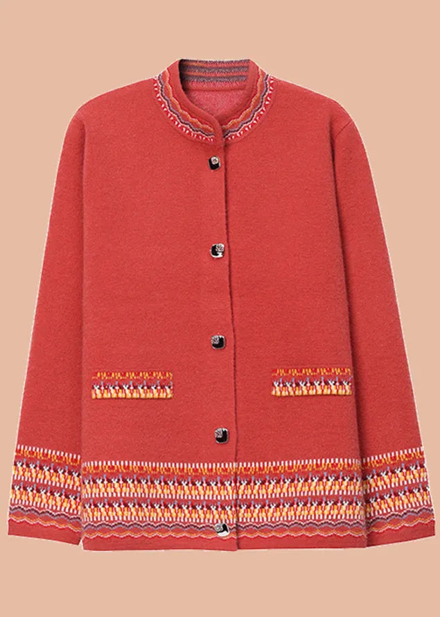 Stylish Blue Stand Collar Print Cotton Knit Cardigans Fall