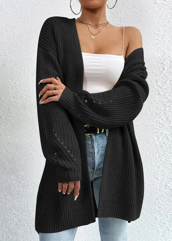 Apricot V Neck Loose Mid Knit Cardigan Fall