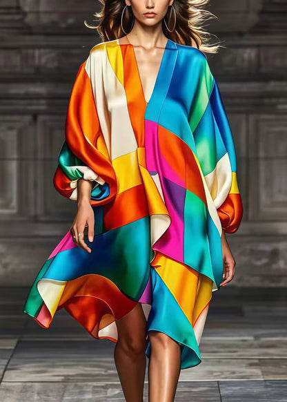 Rainbow Asymmetrical Patchwork Silk Party Dress Fall