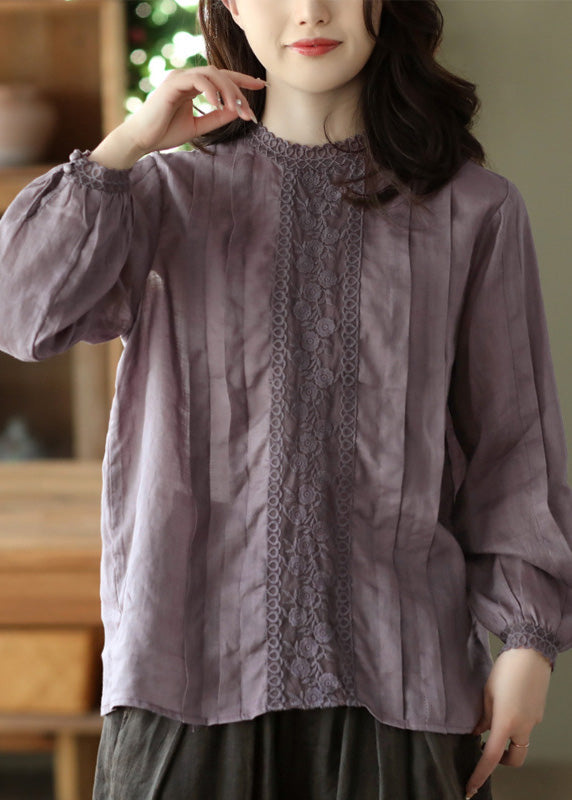 Purple Lace Patchwork Ramie Shirt Long Sleeve