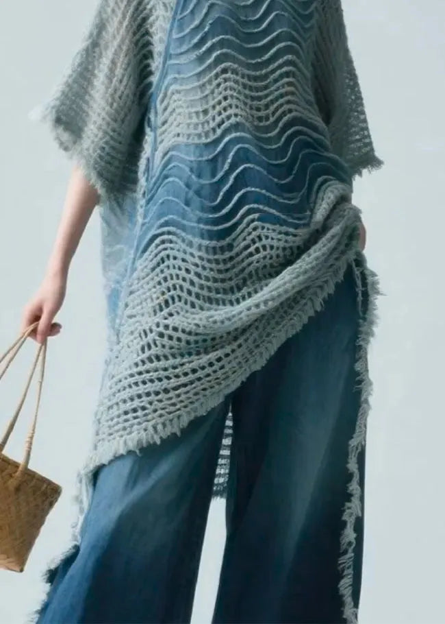 Art Blue Stand Collar Hollow Out Knit Shirt Half Sleeve