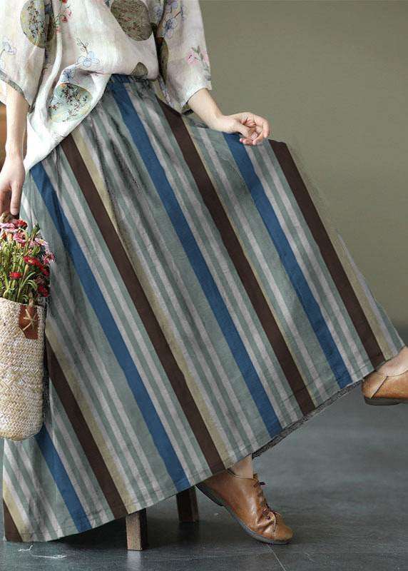 Color Stripes Print Ramie Elastic Waist Skirt