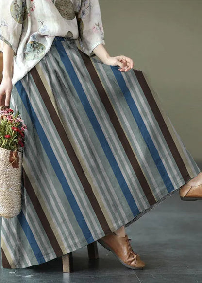 Brown and Red Stripes Ramie Elastic Waist Skirt