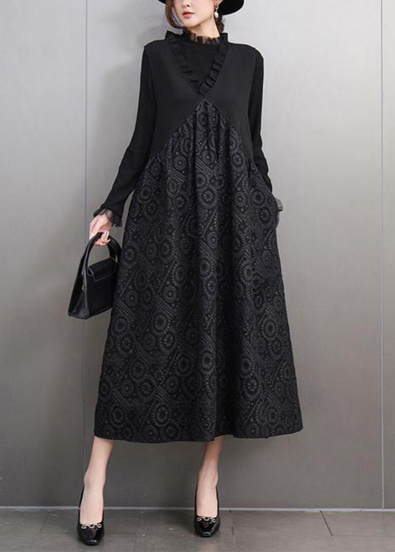 Stylish Black V Neck Print T Shirts and Long Dress Two Pieces Set Spring