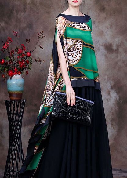 Green Leopard Print Low High Design Chiffon Upf 50+ Top Batwing Sleeve