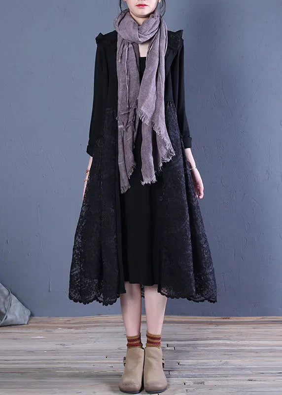 Black Hooded Lace Patchwork Cardigans Spring