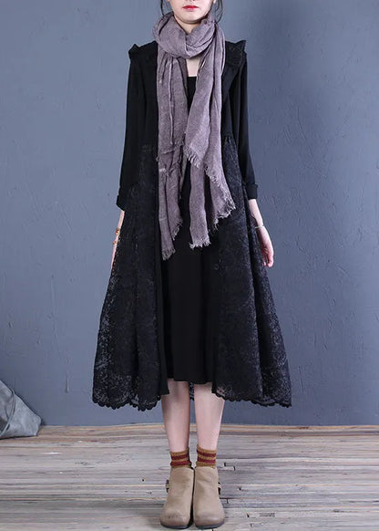 Black Hooded Lace Patchwork Cardigans Spring